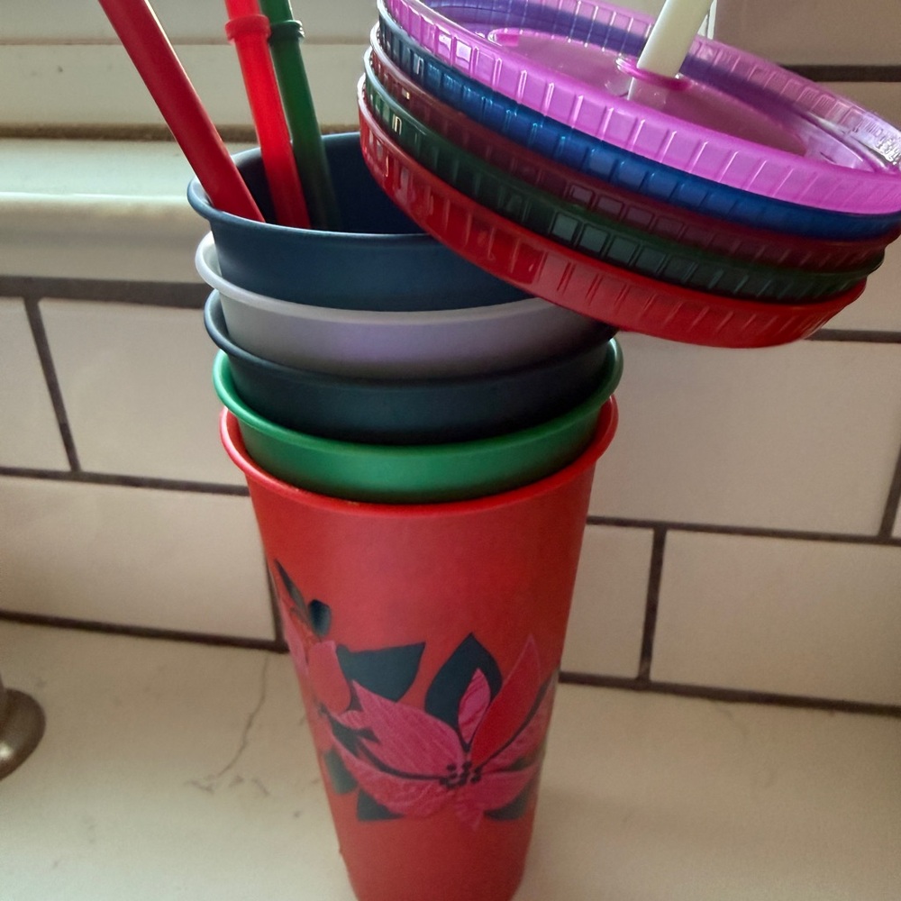 Starbucks Red Floral Tumbler with Multicolor Lids